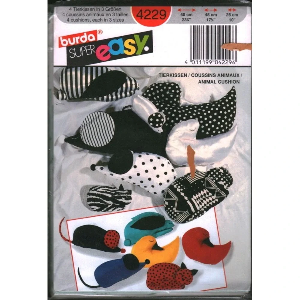 Burda Super Easy 4229 Animal Cushion Sewing Pattern Cat Mouse Duck Swan 3 Sizes